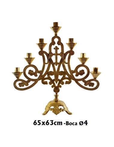 Candelabro Altar 7 Velas Signo Mariano 65 X 63 CM Base Triangular Baño Oro 24k