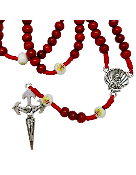 Rosario Madera Y Cuerda Santiago 6X7mm Rojo Paters Blancos Serigrafiados Mosqueton