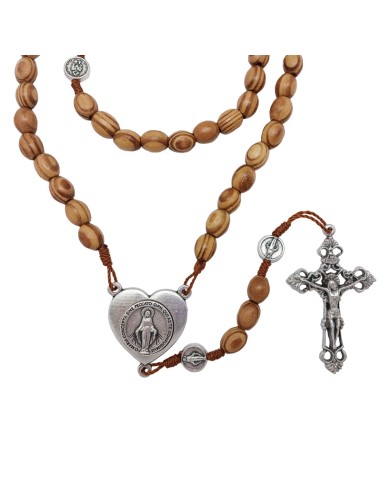 Rosario madera olivo oval 10x8mm Virgen Milagrosa maria forma corazon y paters