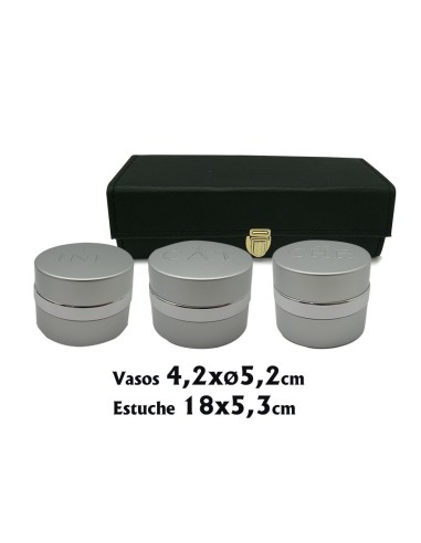 Crismera 3 Vasos Aluminio Plateado Y Cristal Ceramico Interno Estuche Rectangular