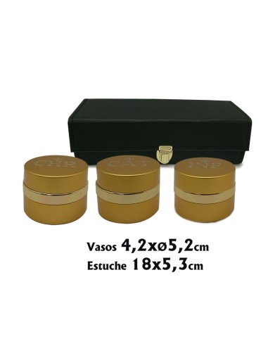 Crismera 3 Vasos Aluminio Dorado Y Cristal Ceramico Interno Estuche Rectangular