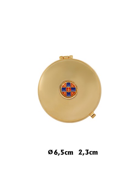 Portaviatico Dorado Con Boton Esmalte Superior Cruz Azul Y Caliz Rojo Con Funda