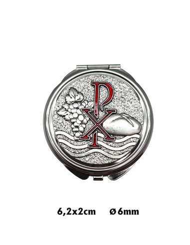 Portaviatico Caja Niquel Rodio Placa Relieve Plateada Pax Esmalte Rojo con Uvas y pan 6.2x2 cm