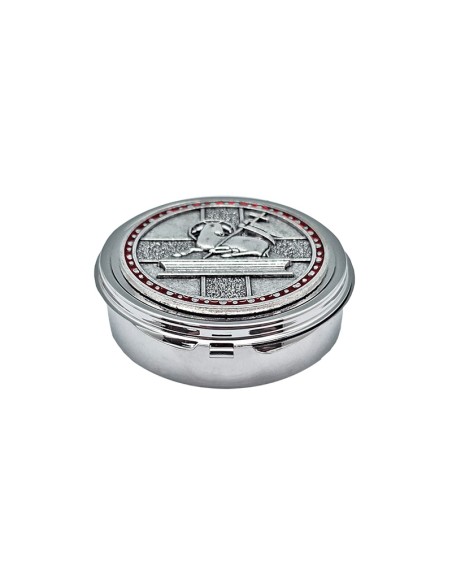 Portaviatico Caja Niquel Rodio Placa Relieve Plateada Cordero En Circulo Esmalte Rojo 6.2X2 Cm