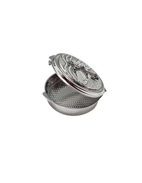 Portaviatico Caja Niquel Rodio Placa Relieve Plateada Pax Esmalte Rojo Con Uvas Y Pan 6.2X2 Cm