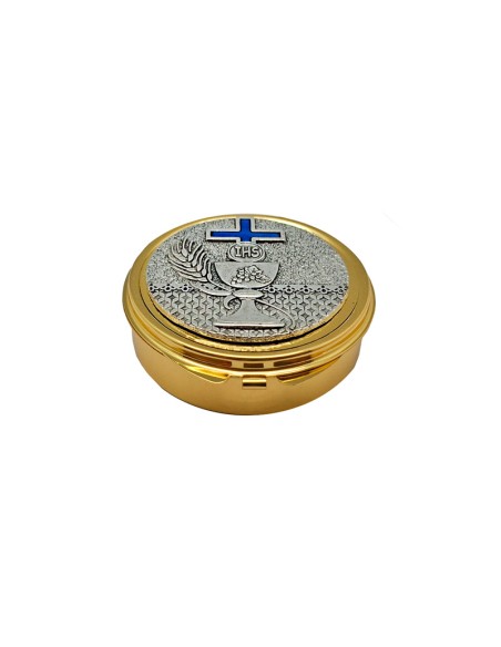 Portaviatico Caja Dorada Placa Relieve Plateada Caliz Con Cruz Esmaltada Azul 6.2X2 Cm