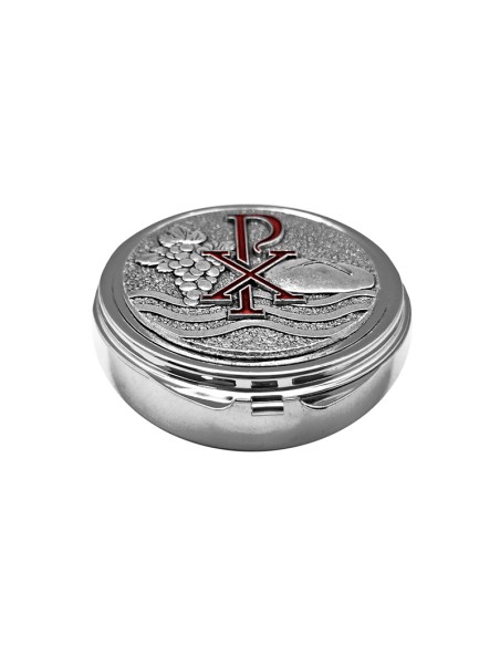 Portaviatico Caja Niquel Rodio Placa Relieve Plateada Pax Esmalte Rojo Con Uvas Y Pan 6.2X2 Cm