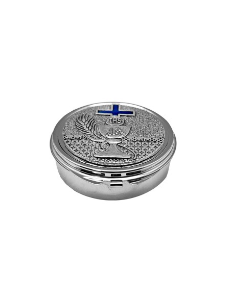 Portaviatico Caja Niquel Rodio Placa Relieve Plateada Caliz Con Cruz Esmaltada Azul 6.2X2 Cm