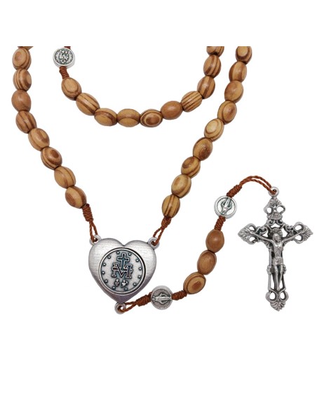 Rosario madera olivo oval 10x8mm Virgen Milagrosa maria forma corazon y paters