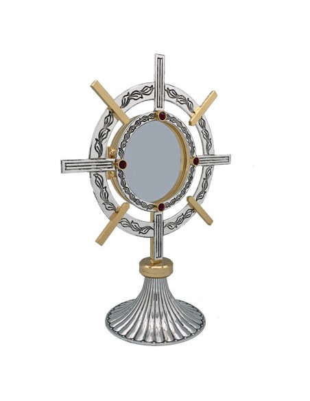 Custodia Plateada Bicolor Tipo Timon Hojas Grabadas Adornos Rojos Pie Rayado 25cm