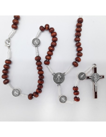 Rosario San Benito Madera Marron 6X4mm Y Cuerda Con Paters Y Cruz San Benito Mosqueton