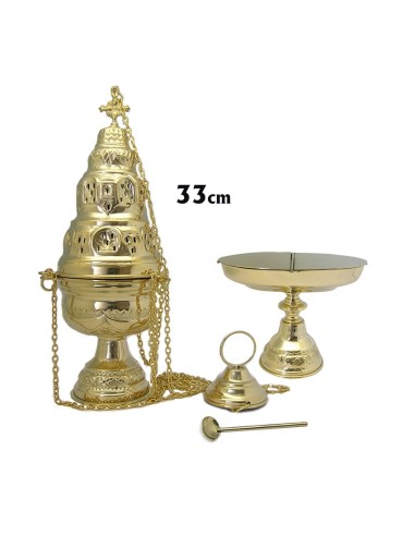 Incensario 33cm Y Naveta Con Cuchara Dorado Labrado Tres Niveles Mod C1