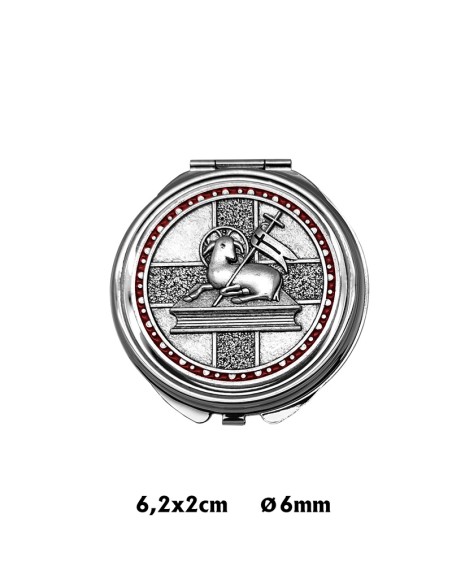 Portaviatico Caja Niquel Rodio Placa Relieve Plateada Cordero En Circulo Esmalte Rojo 6.2X2 Cm
