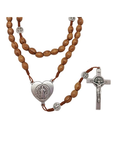 Rosario Madera Olivo Oval 10X8mm San Benito Maria Forma Corazon Con Cruz Y Paters