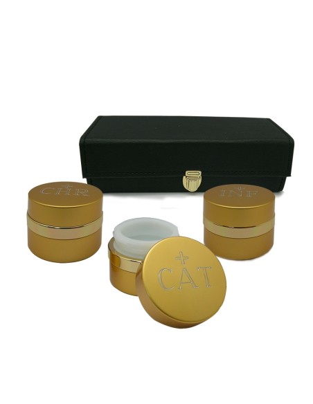 Crismera 3 Vasos Aluminio Dorado Y Cristal Ceramico Interno Estuche Rectangular