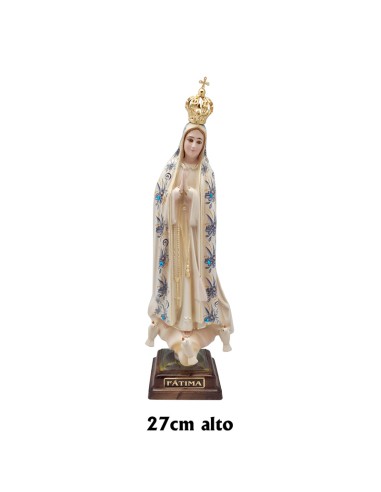 Virgen De Fatima Res 27cm Envejecida Floral Azul