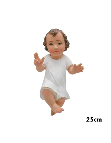 Niño Jesús Esc 25cm Ojos Cristal Vestido Blanco Con Dorados