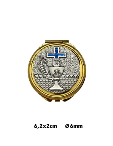 Portaviatico Caja Dorada Placa relieve plateada Caliz con cruz esmaltada azul 6.2x2 cm
