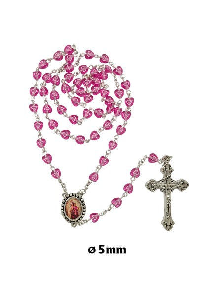 Rosario plastico corazon rosa fucsia 6mm con corazon blanco interno