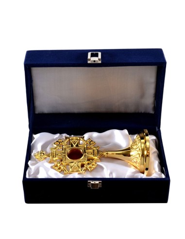 Relicario Dorado Octogonal Y Base Labrada Con Caja Baño Oro 24k 20. 5 X 10cm