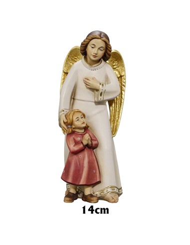 Angel Guarda Con Niña Madera 14cm Pintado A Mano Estilo Moderno