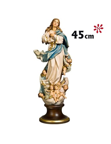 Virgen Purisima Madera 45cm Con Angeles Decorada Estilo Envejecido