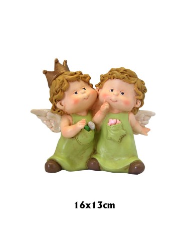 Dos Angelitos Niños 16x13cm Juntos De Pie Con Corona Y Tunicas Verdes