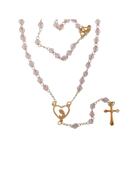 Rosario Acero Inox Con Cristal Rombo Rosa Y Maria Forma Corazon Con Virgen