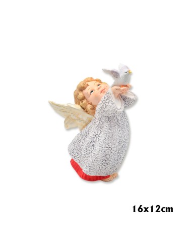 Angel Res Con Paloma En Las Manos 16cm Pl Vestido Blanco Bajo En Rojo Alas Doradas