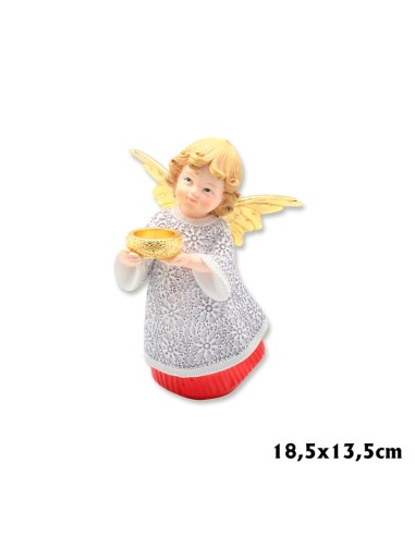 Angel Res Con Cuenco En Las Manos 18. 5cm Pm Vestido Blanco Bajo En Rojo Alas Doradas