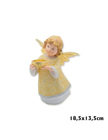 Angel Res Con Cuenco En Las Manos 18. 5cm Pm Vestido Dorado Bajo En Blanco Alas Doradas