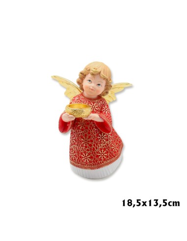 Angel Res Con Cuenco En Las Manos 18. 5cm Pn Vestido Rojo Bajo En Blanco Alas Doradas