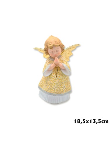 Angel Res Manos Con Cruz 18. 5cm Pp Vestido Dorado Bajo En Blanco Alas Doradas