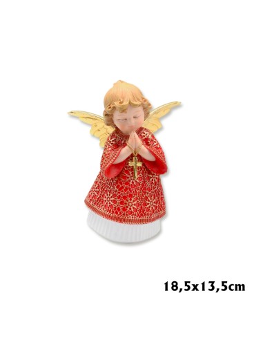 Angel Res Manos Con Cruz 18. 5cm Pn Vestido Rojo Bajo En Blanco Alas Doradas