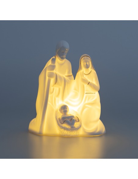 Nacimiento Sagrada Familia Porcelana Blanca 13x15cm Arrodillada Lineas Doradas