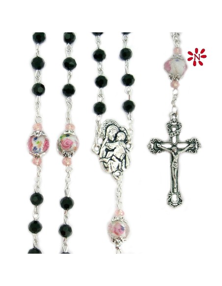 Rosario Cristal Tallado 6mm Negro Pater 10mm Con Rosa Interna