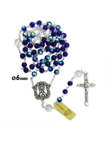 Rosario Cristal Tallado 6mm Azul Intenso Con Pater 8mm Cristal Trasparente