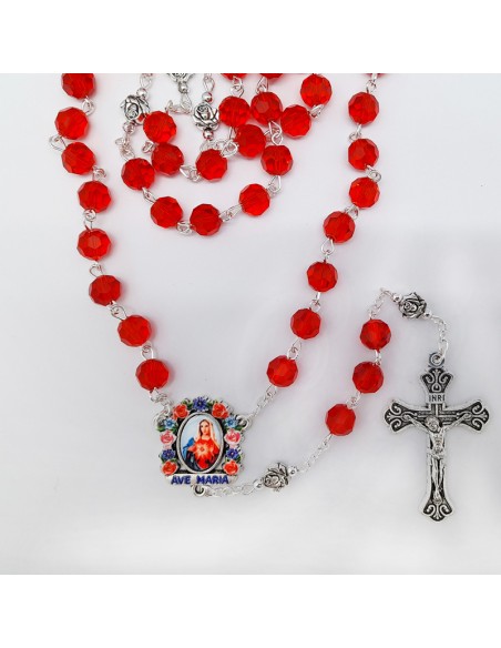 Rosario Cristal Tallado Rojo 8mm Paters Rosa Metal Maria A Colores
