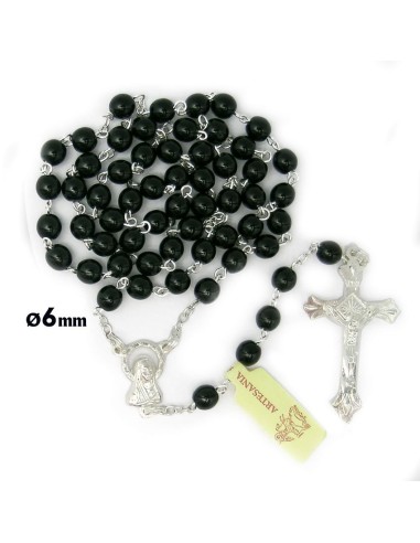Rosario Cristal Liso 6mm Negro Con Cadena Plateada