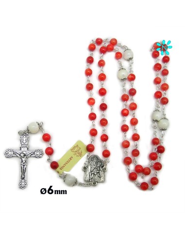 Rosario Cristal Virgen Pino Perla Rojo 6mm Paters Nacar Liso 8mm Con Copetas