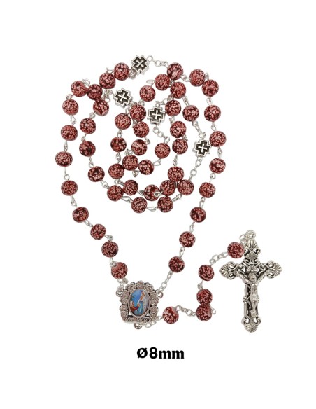 Rosario Cristal 8mm Rojo Con Blanco Estilo Marmol Y Cruz Metal Paters