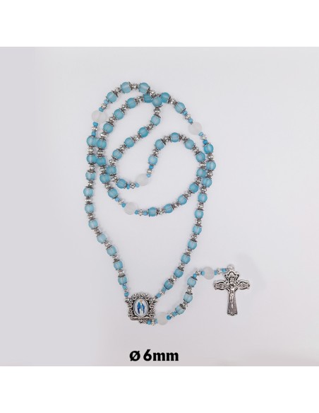 Rosario Cristal Liso Satinado Azul 6m Con Copetas Pater Blanco 8mm