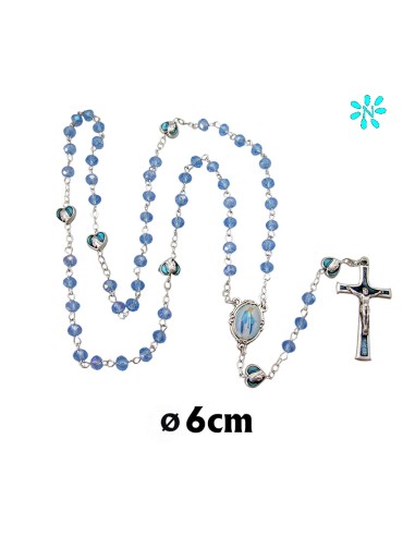 Rosario Cristal Bola Tallada Corazon De Maria Con Cruz Esmaltada Azul