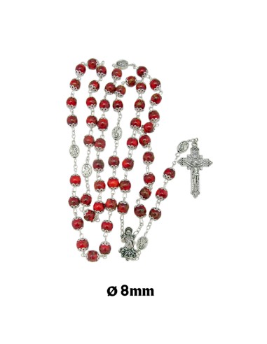 Rosario Cristal Liso 8mm Divina Misericordia Rojo Con Copetas Y Paters Jesus Misericordioso