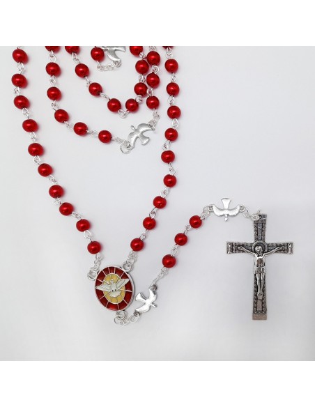 Rosario Cristal Liso Rojo Espiritu Santo 6mm Paters Paloma Y Maria Esmaltada Vaticana