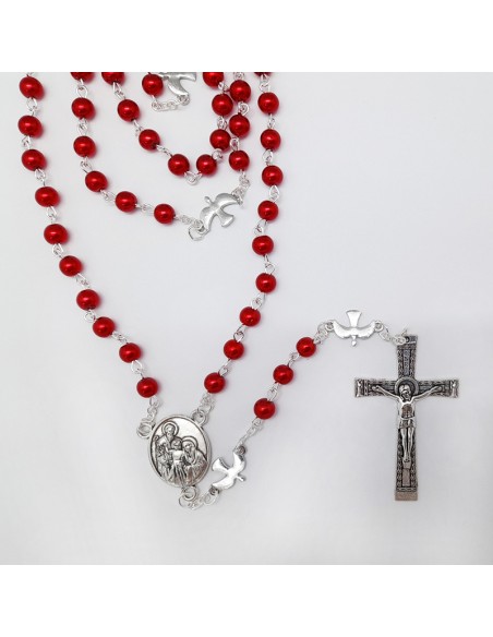 Rosario Cristal Liso Rojo Espiritu Santo 6mm Paters Paloma Y Maria Esmaltada Vaticana