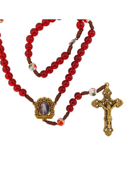 Rosario cristal rojo con cuerda 8mm con paters ceramica cruz y maria dorada