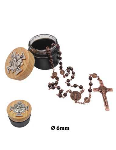 Rosario Cristal San Benito 6mm con Medallas Maria y Cruz Color Bronce en Caja
