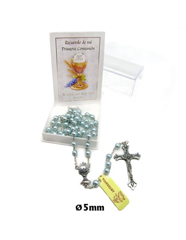 Rosario Cristal Perlado Celeste 5mm Primera Comunion Con Folleto En Caja