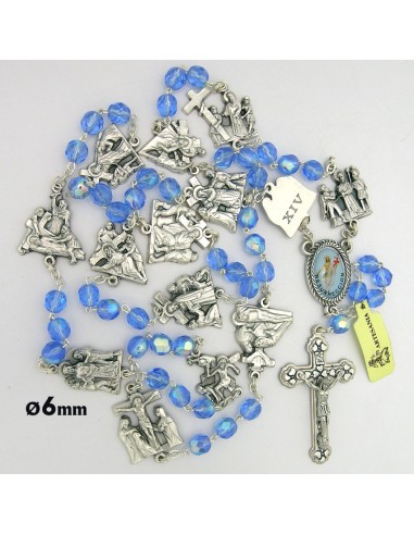 Rosario Cristal Tallado 6mm Azul Via Crucis Con Estaciones En Metal